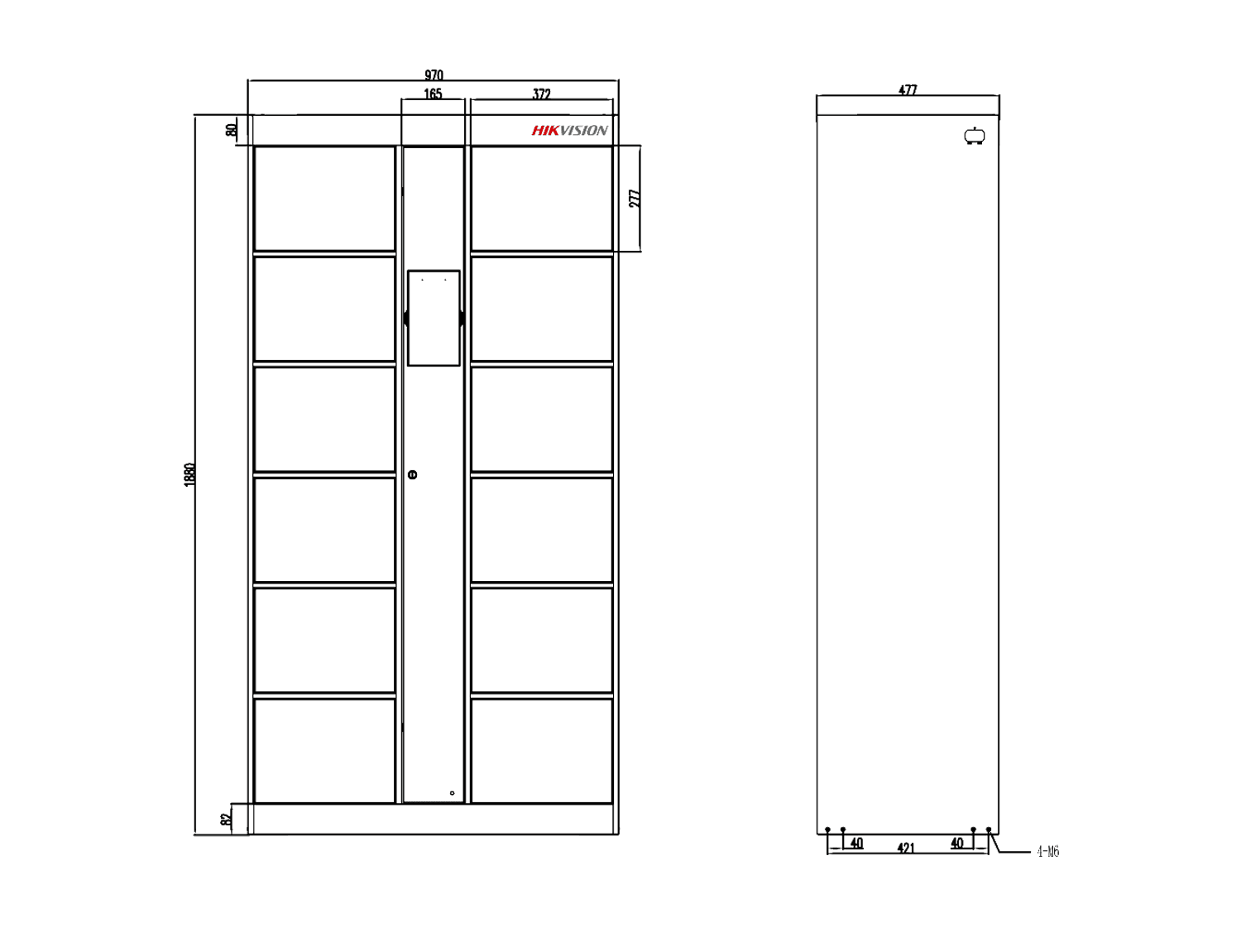 Plano de dimensiones del locker Hikvision DS-KLM28-12: 188 cm de alto, 97 cm de ancho y 47 cm de fondo, con gabinetes de 27.7 x 37.2 x 45 cm