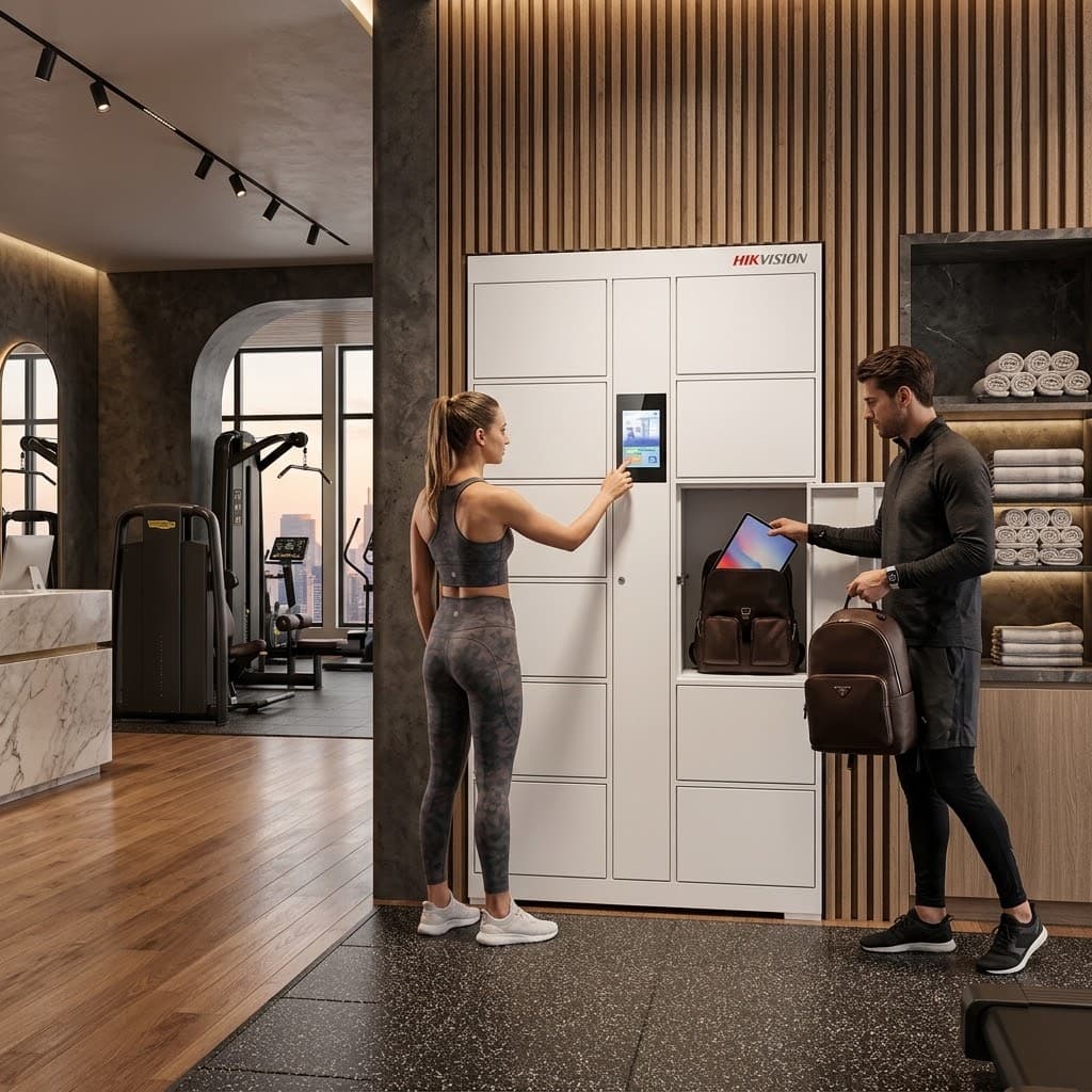 Dos usuarios operando un locker inteligente Hikvision DS-KLM28-12 en el área de vestidores de un gimnasio premium: uno se autentica en la pantalla táctil mientras otro retira su mochila y tablet de un compartimento abierto